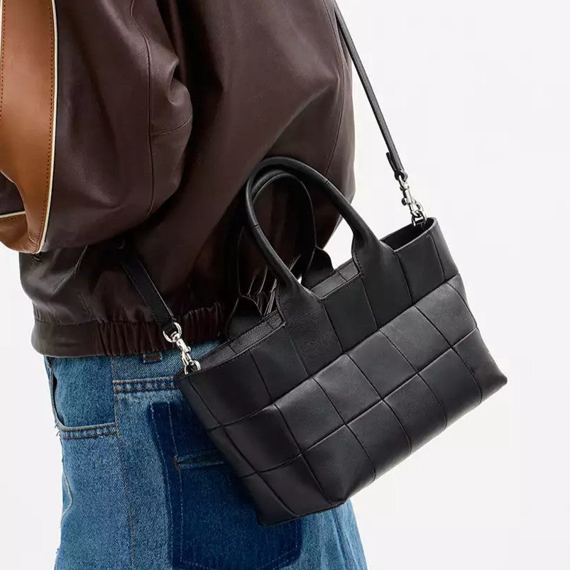 Grid Quilted Full Grain Scrap Leather Small Tote Bag