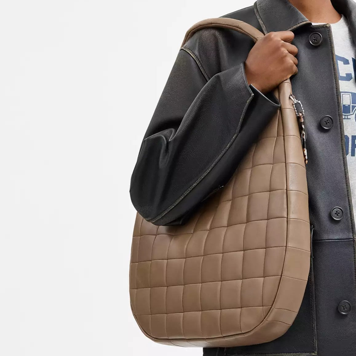Full Grain Leather Scrap Grid Quilted Large Crescent Grid Hobo Bag