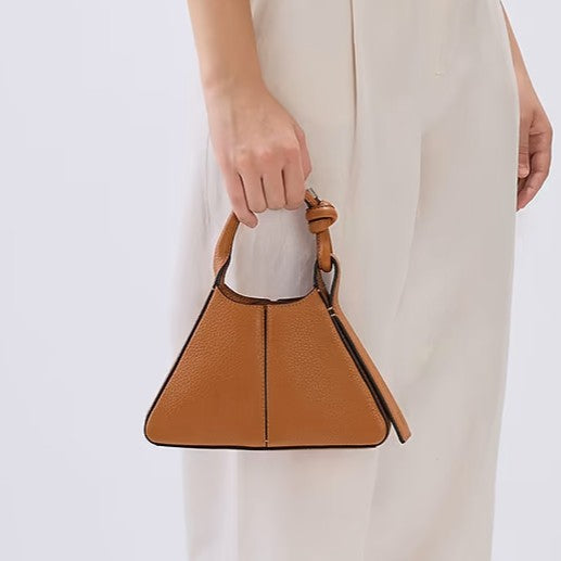 Triangular Pleated Mini Pebble Leather Knot Top Handle Bag