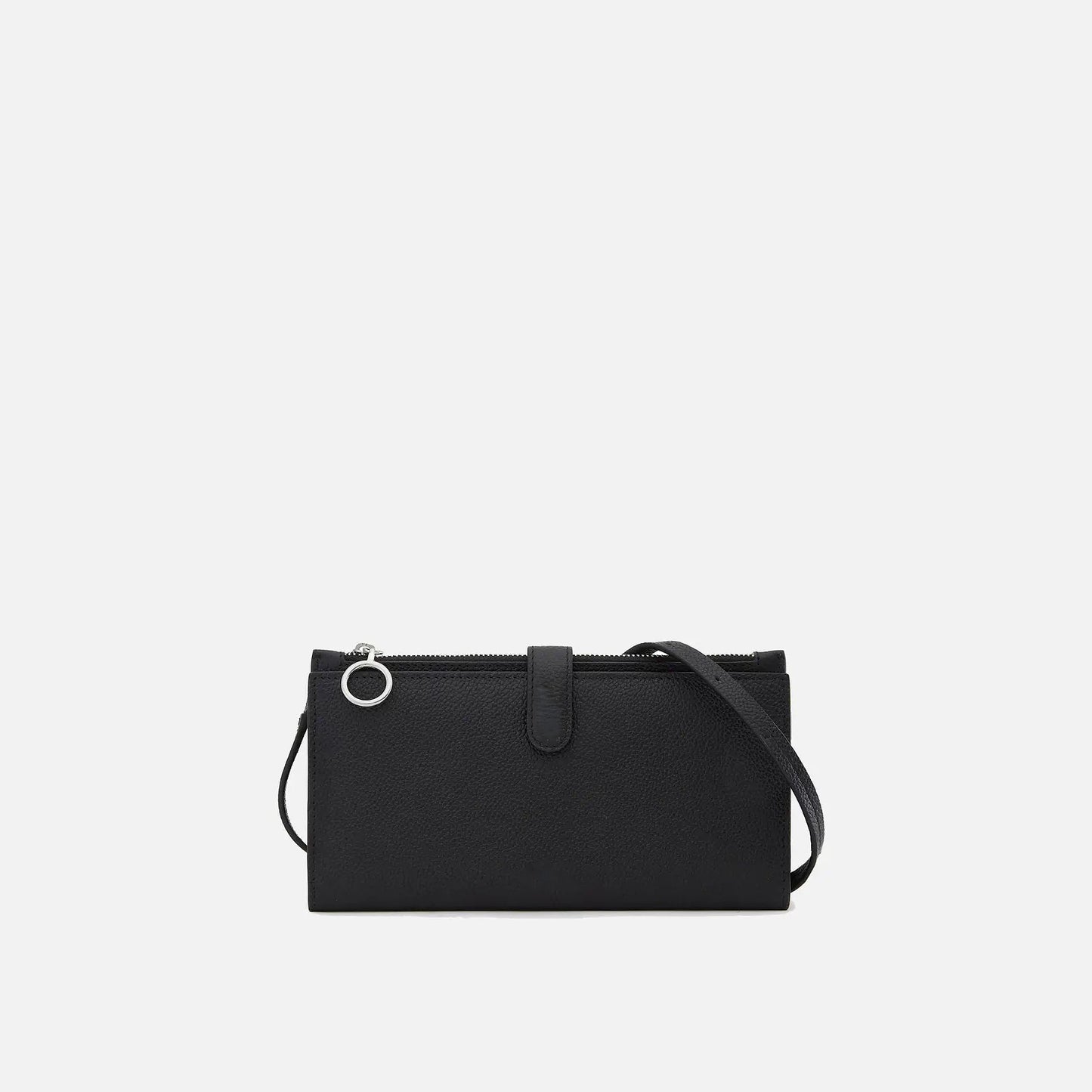 Elongated Pebble Grain Leather Multi-Card Clutch Wallet With Crossbody Strap