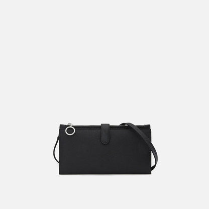 Elongated Pebble Grain Leather Multi-Card Clutch Wallet With Crossbody Strap