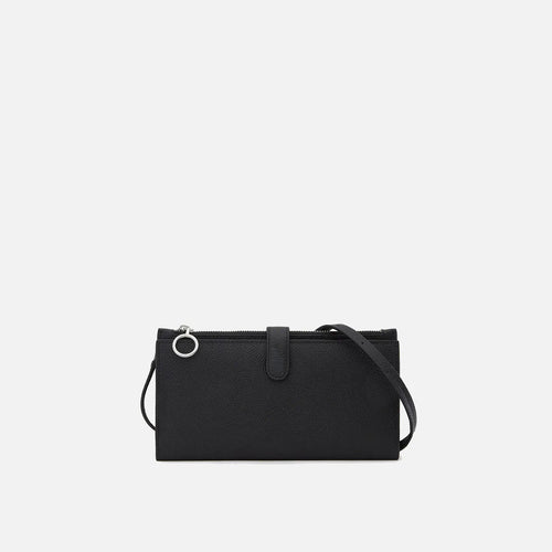 Elongated Pebble Grain Leather Multi-Card Clutch Wallet With Crossbody Strap