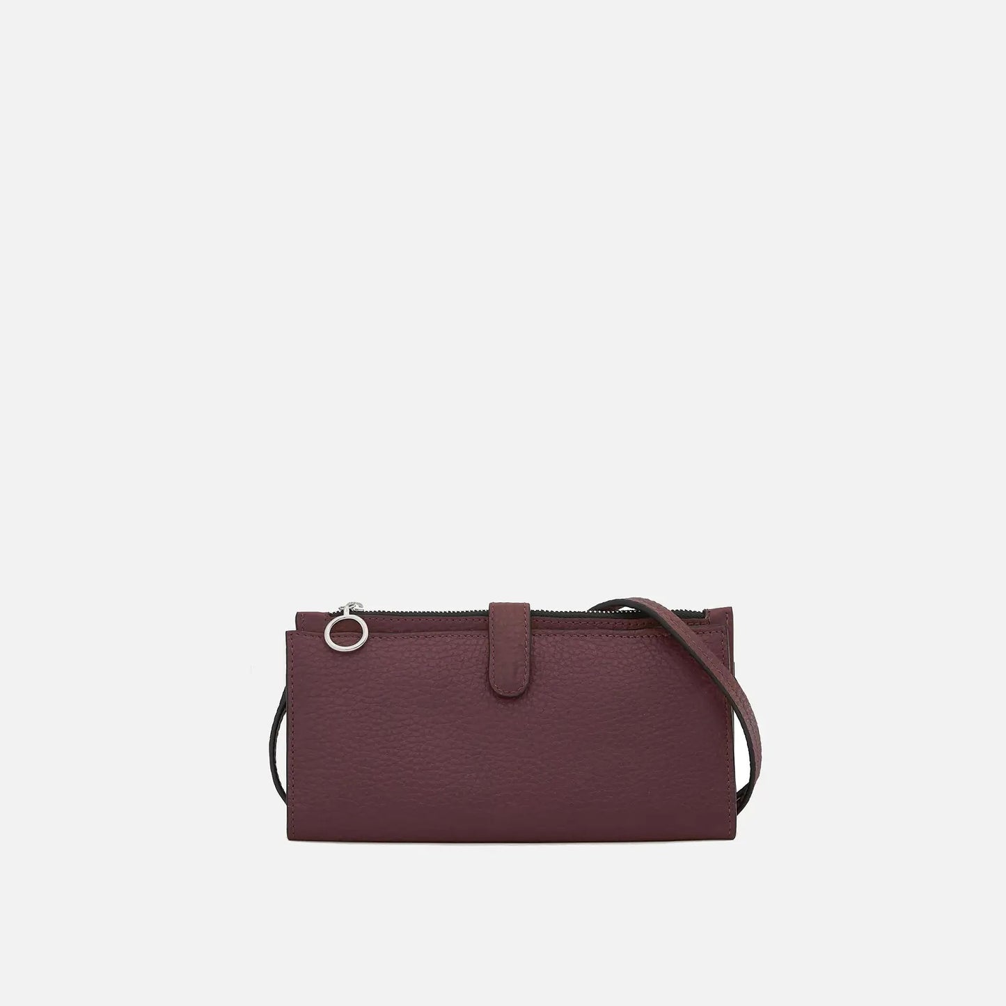 Elongated Pebble Grain Leather Multi-Card Clutch Wallet With Crossbody Strap