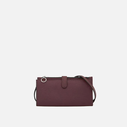 Elongated Pebble Grain Leather Multi-Card Clutch Wallet With Crossbody Strap