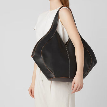 Oversized Curved Pebble Grain Leather Hobo Tote Bag