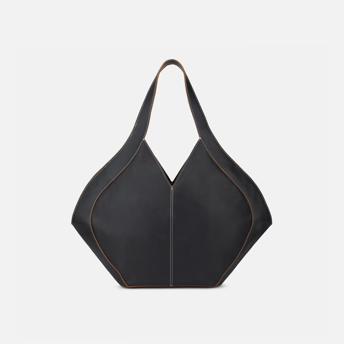 Oversized Curved Pebble Grain Leather Hobo Tote Bag