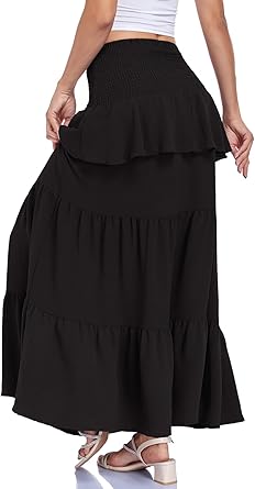Maxi Skirts for Women Summer Smocked High Waist Tiered Flowy Long Skirt for Beach Vacation & Resort Wear