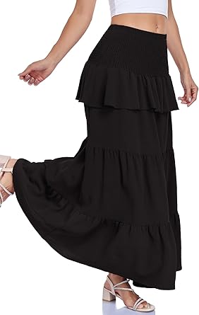 Maxi Skirts for Women Summer Smocked High Waist Tiered Flowy Long Skirt for Beach Vacation & Resort Wear