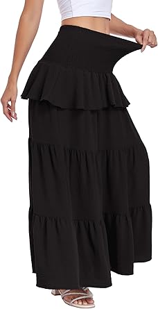 Maxi Skirts for Women Summer Smocked High Waist Tiered Flowy Long Skirt for Beach Vacation & Resort Wear