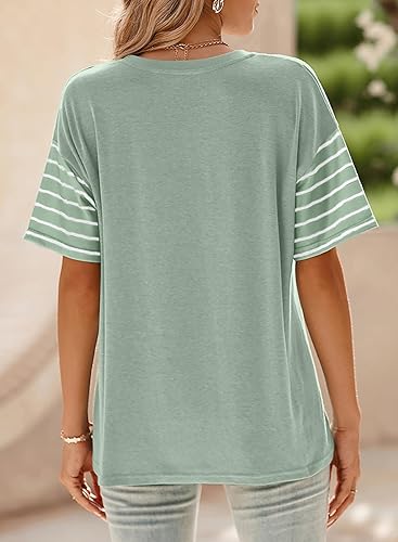 Summer Tops Trendy Oversized 2026 Crewneck Casual Color Block Striped Womens Shirts Blouses