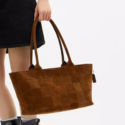 Patchwork Grid Suede Scrap Large Grid Tote Bag With Dual Carry Handles