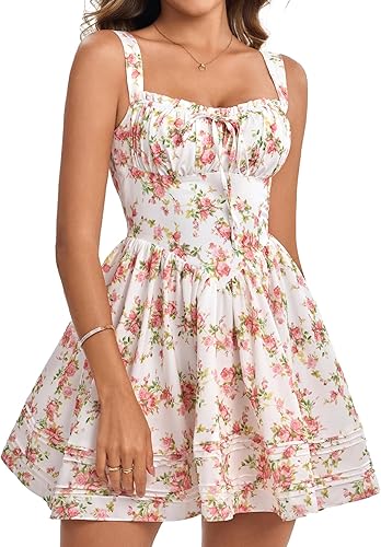 Women Summer Casual Square Neck Mini Sundress Corset A Line Flowy Swing Cute Graduation Party Short Dress
