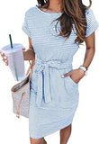 Women's 2026 Summer Casual T Shirt Dress Short Sleeve Striped Tie Waist Work Vacation Trendy Short Dresses