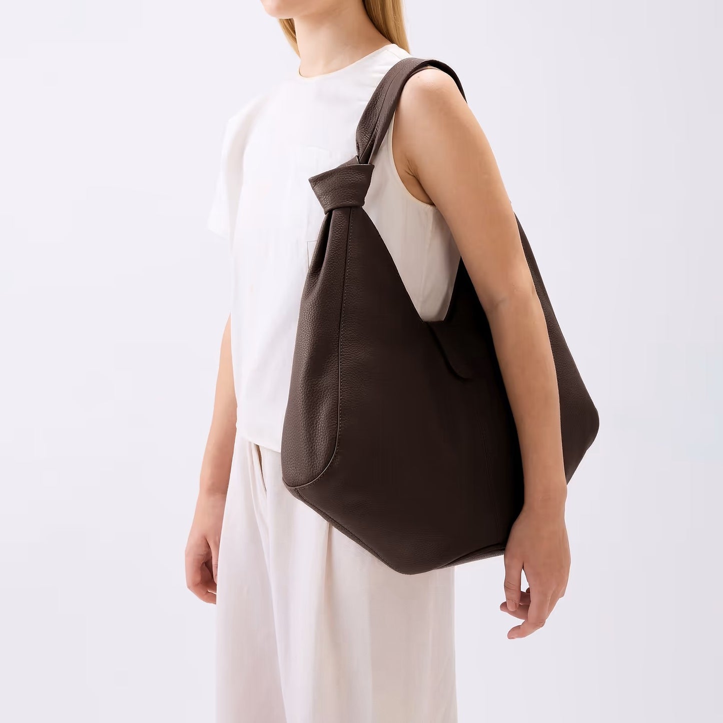 Slouchy Oversized Pebble Grain Leather Tote Bag With Knotted Shoulder Strap