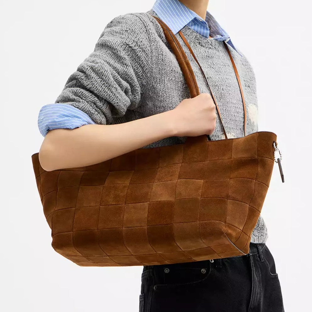 Patchwork Grid Suede Scrap Large Grid Tote Bag With Dual Carry Handles