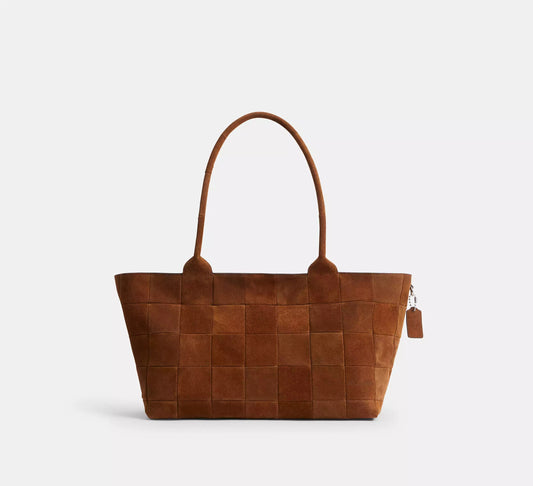 Patchwork Grid Suede Scrap Large Grid Tote Bag With Dual Carry Handles