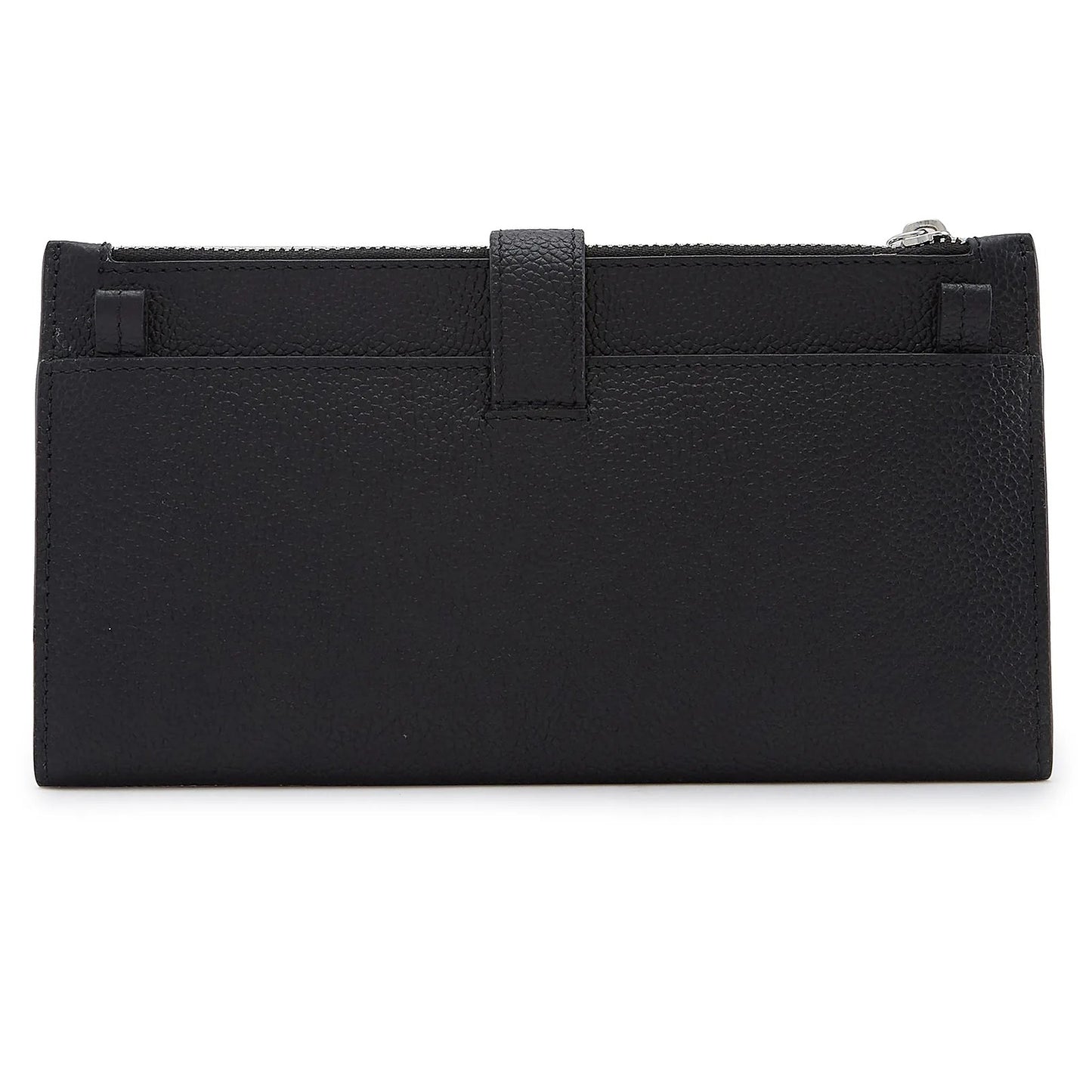 Elongated Pebble Grain Leather Multi-Card Clutch Wallet With Crossbody Strap