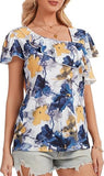 Womens Summer Tops Asymmetrical V Neck Casual Blouses Floral Printed Ruffle Sleeve Loose Beach Spring Shirts