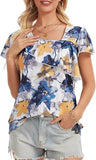 Womens Summer Tops Asymmetrical V Neck Casual Blouses Floral Printed Ruffle Sleeve Loose Beach Spring Shirts